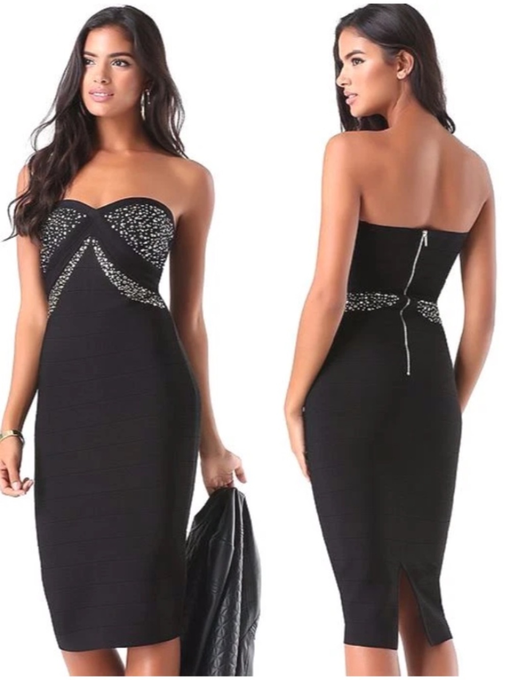 NWT bebe black strapless midi crystal stud bandage embellished top dress XS 0 2